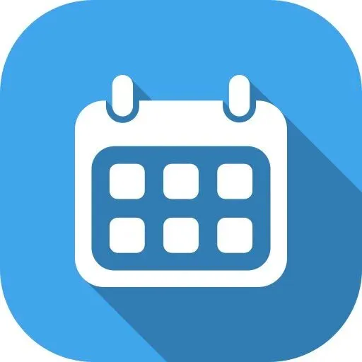 White calendar icon with six square date blocks on a blue background with rounded corners and long shadow.