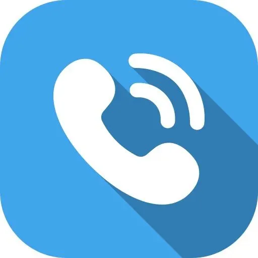 White telephone handset with sound waves icon on a blue rounded square background